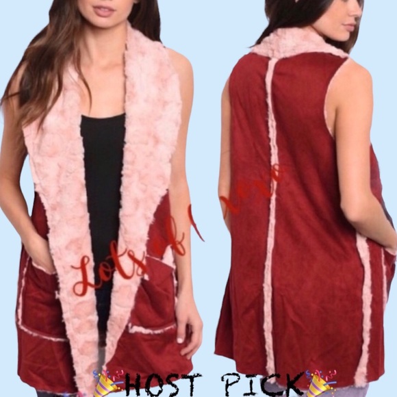 Jackets & Blazers - BURGUNDY SUEDE FAUX SHEARING OPEN STYLE VEST
